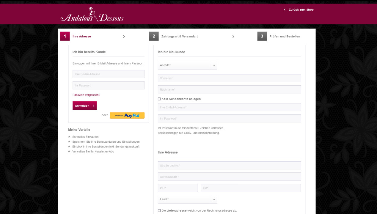 Andalous Dessous Screenshot Registrierung als Kunde